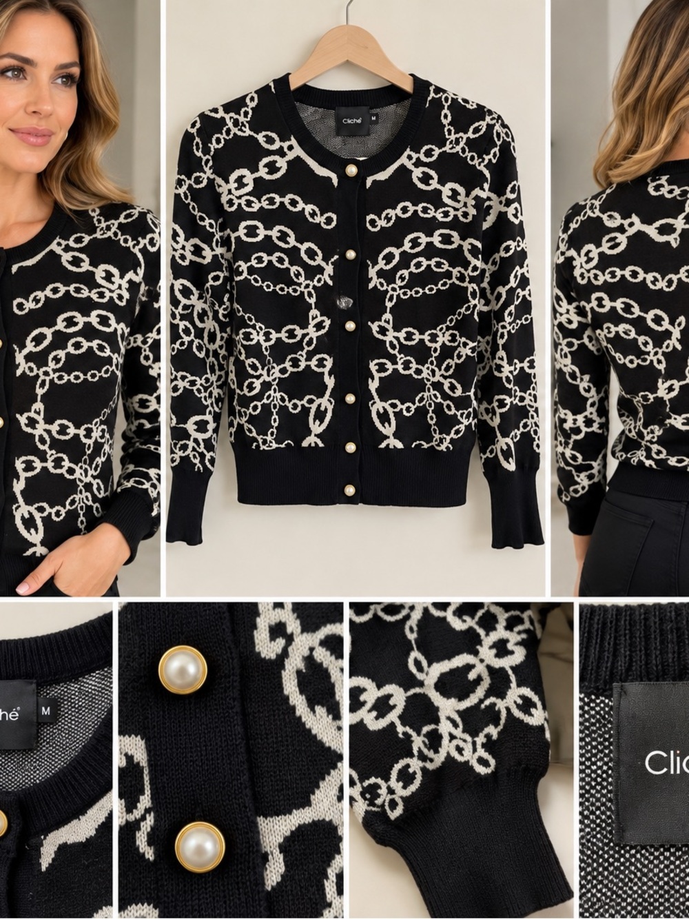 Cliché Black Gold Chain Print Pearl Button Cardigan Sweater M
